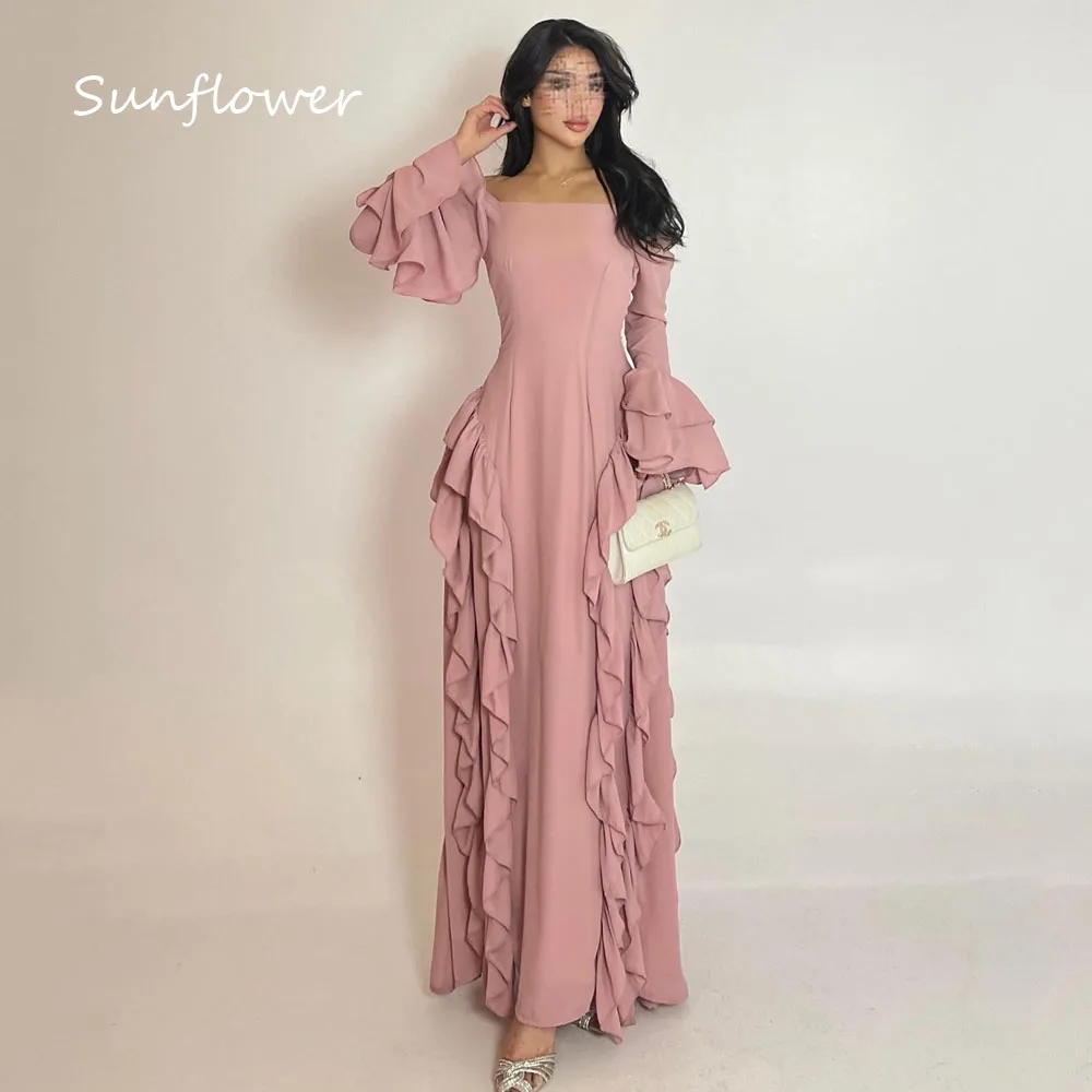 

Sunflower Pink Square Collar Tiered Mermaid Evening Dress Saudi Arabia 2024 Slim Chiffon Ankle-Length Prom Dress