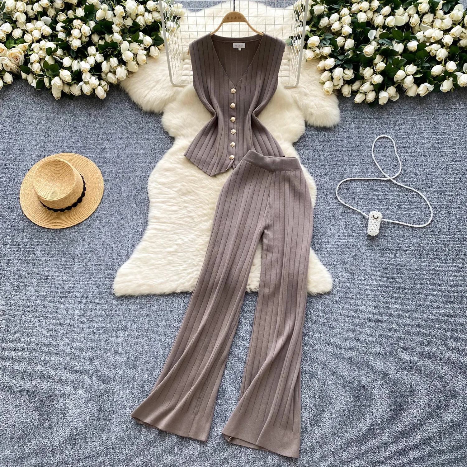 

Pant Set Women Two Piece Sets V Neck Matching Sets Tops Wide Leg Long Pants High Waist Knitted Y2k Streetwear Elegant Slim Fit