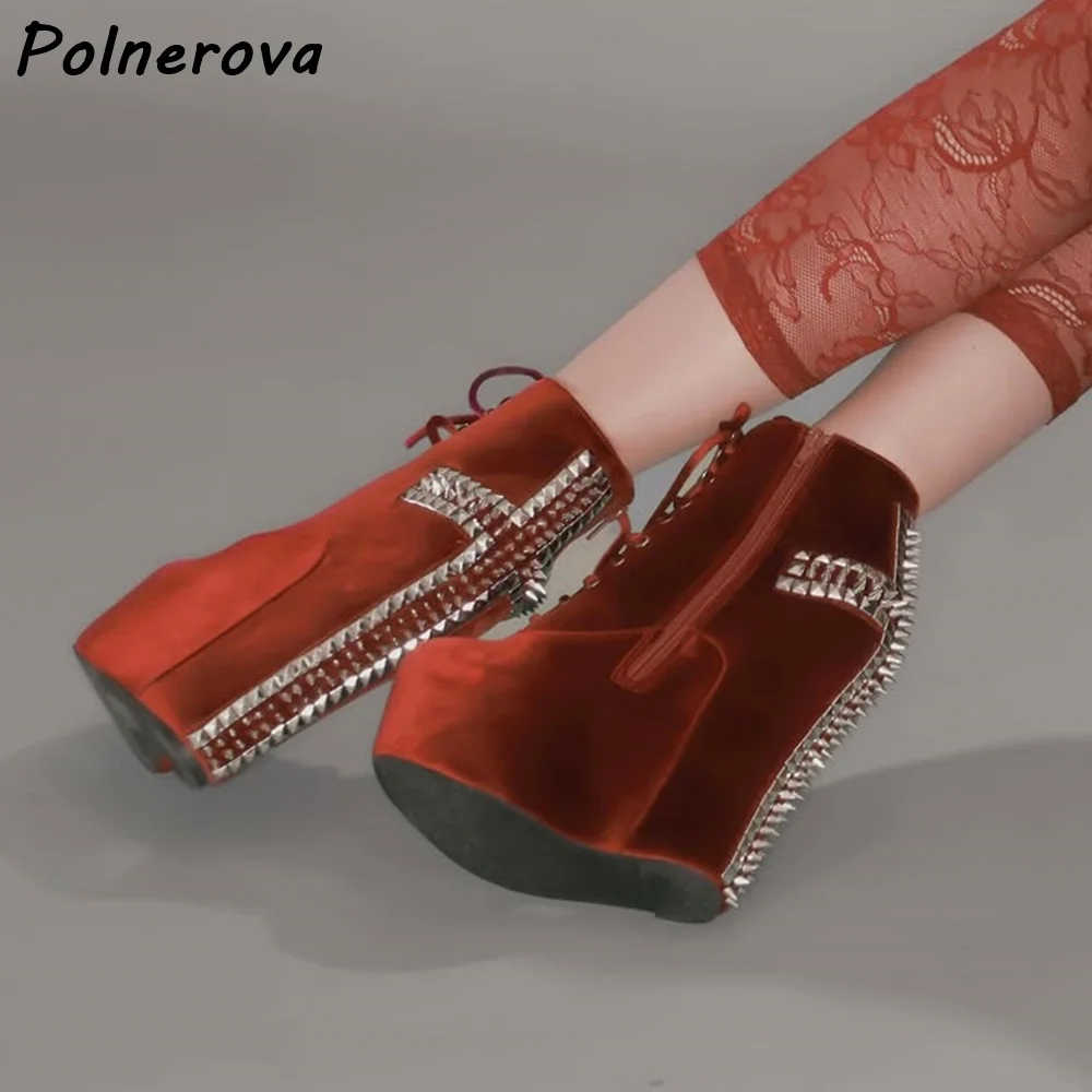 Gothic Spiked Rivet Platform Ankle Boots Wedge Lace Up Side Zipper Leather  Suede Boots Black Wine Red Punk Rock women shoes
