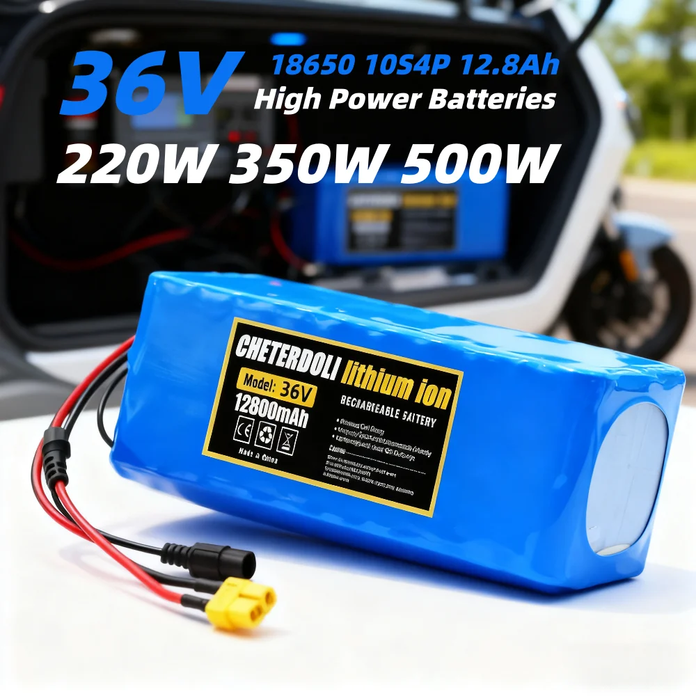 Battery Pack 36V 10S4P 12.8Ah Lithium Battery with BMS Protection for Electric Bicycle, Includes Charger