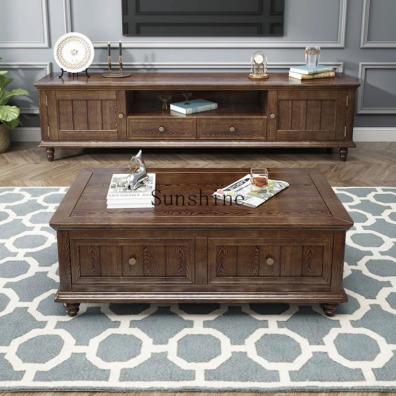 

American solid wood coffee table TV combination modern simple size apartment living room household storage wood