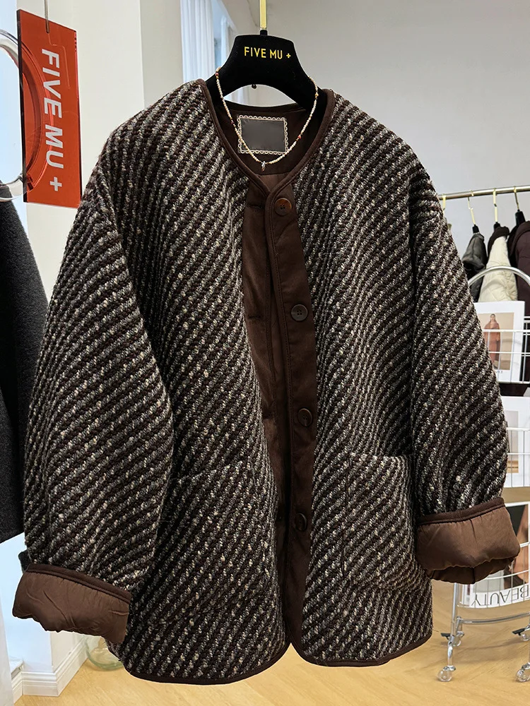 

Korean Style Retro Round Neck Women Jacket Autumn Winter Loose Casual Single Breasted Cardigan Coat New Female Warm Overcoat