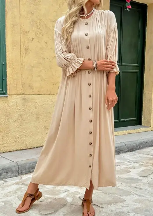 

Women Dresses New Vacation Commuting Retro Elegant Style Long Dress with Casual Drawstring Buttons and Waist Cinched Solid Dress