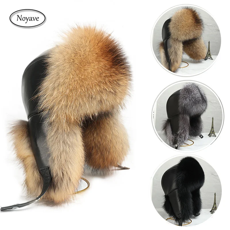 

Men Hats Winter Natural Real Fox Fur Bombers Hats Outdoor Warm Soft Luxury Fashion Raccoon Fur Cap Real Sheepskin Leather Hat