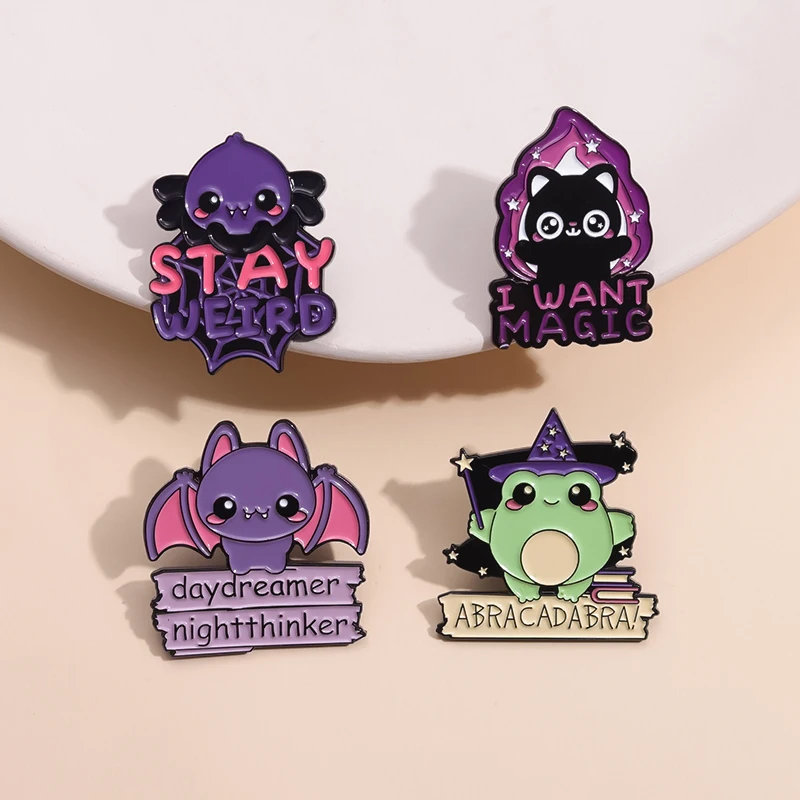 Enamel Pins Custom Frog Wizard Bat Stay Weird Brooch Lapel Badges Halloween Animal Jewelry Gift for Kids Friends I Want Magic