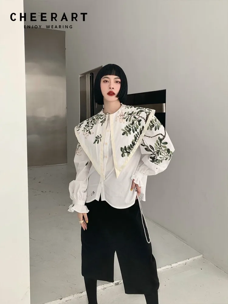 CHEERART Court Vintage Floral Lantern Sleeve Button Up Shirt For Women Designer Long Sleeve Top Blouse Fall 2022 Retro Clothes