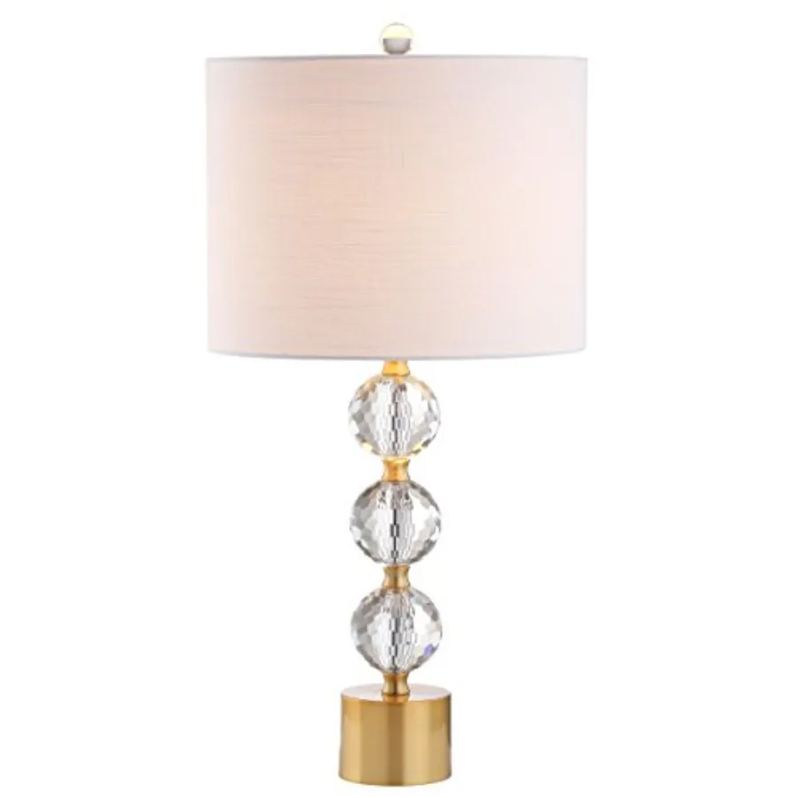 

25.25" Clear and Brass Gold Crystal Table Lamp, Modern Glam Faceted Orb Bedside Lamp with White Linen Drum Shade for Living Roo
