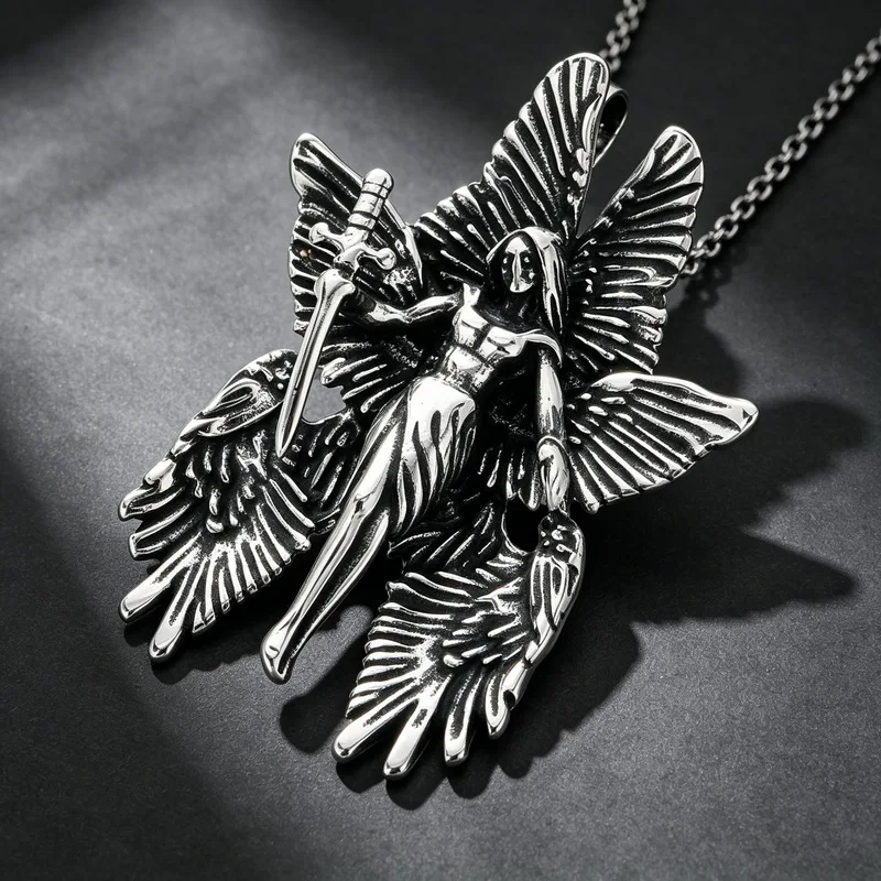 KALEN Vintage Gothic Fallen Angel Pendant Necklace For Men Stainless Steel Death Grim Reaper Wing Totem Charm Fashion Jewelry