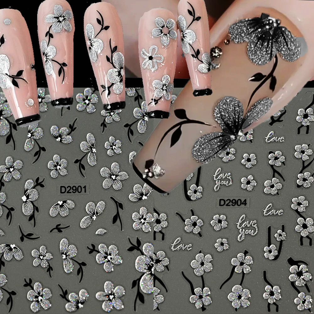 1Pcs 5D Glitter Silver Laser Flowers Nail Sticker Watercolor Blooming Black Glitter Five-Petal Flowers Decal DIY Floret Slider