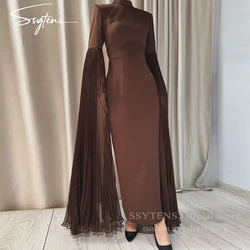 SSYTENS Brown Elegant Evening Dresses Saudi Arabric Pleats Long Sleeves Prom Dresses Ankle Length Prom Gown Bespoke Party Gown