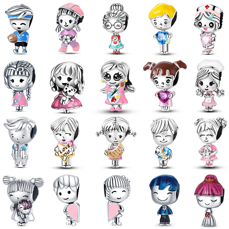 925 Silver Cute Cartoon Characters Boys and Girls Charms Beads Fit Qikaola 925 Original Bracelets Fine DIY Jewelry Gifts Making