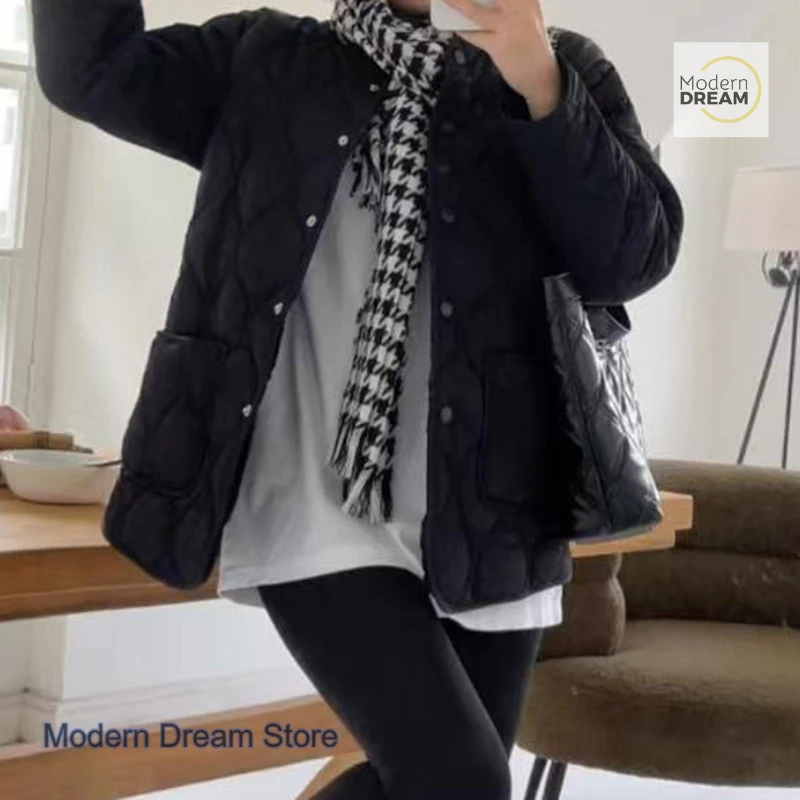 Kurtka damska w kratę w stylu koreańskim, luźna, ocieplana bawełną, nowa kolekcja jesień-zima, casualowa, uniwersalna, modna, pogrubiona kurtka ocieplana bawełną.