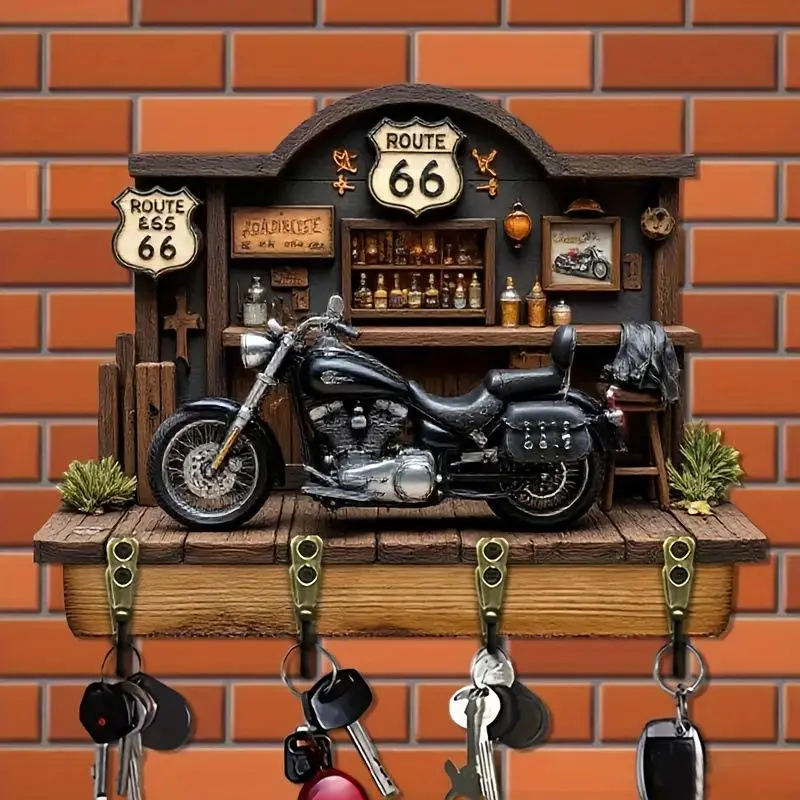 1pc 2D Flat Wooden Motorcycle Key Holder 4 Rustproof Metal Hooks Wall Hanging Decor for Garage Bar Home Organization〔88〕