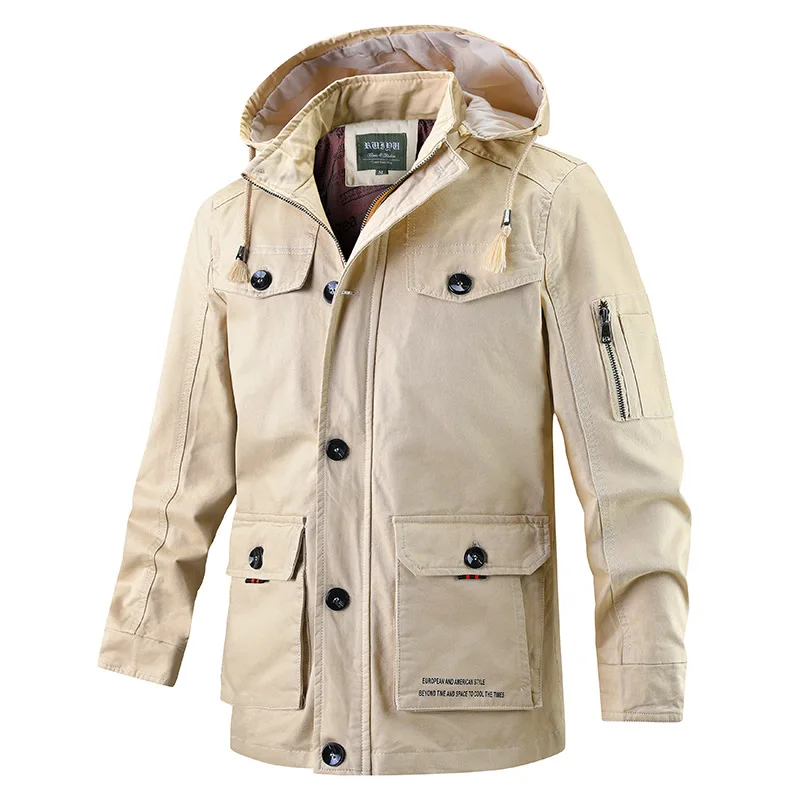 Spring Autumn Men Solid Color Multi Pocket Long Sleeve Hooded Jackets Male Casual Simple Basic Daily Loose Coats Top Clothes