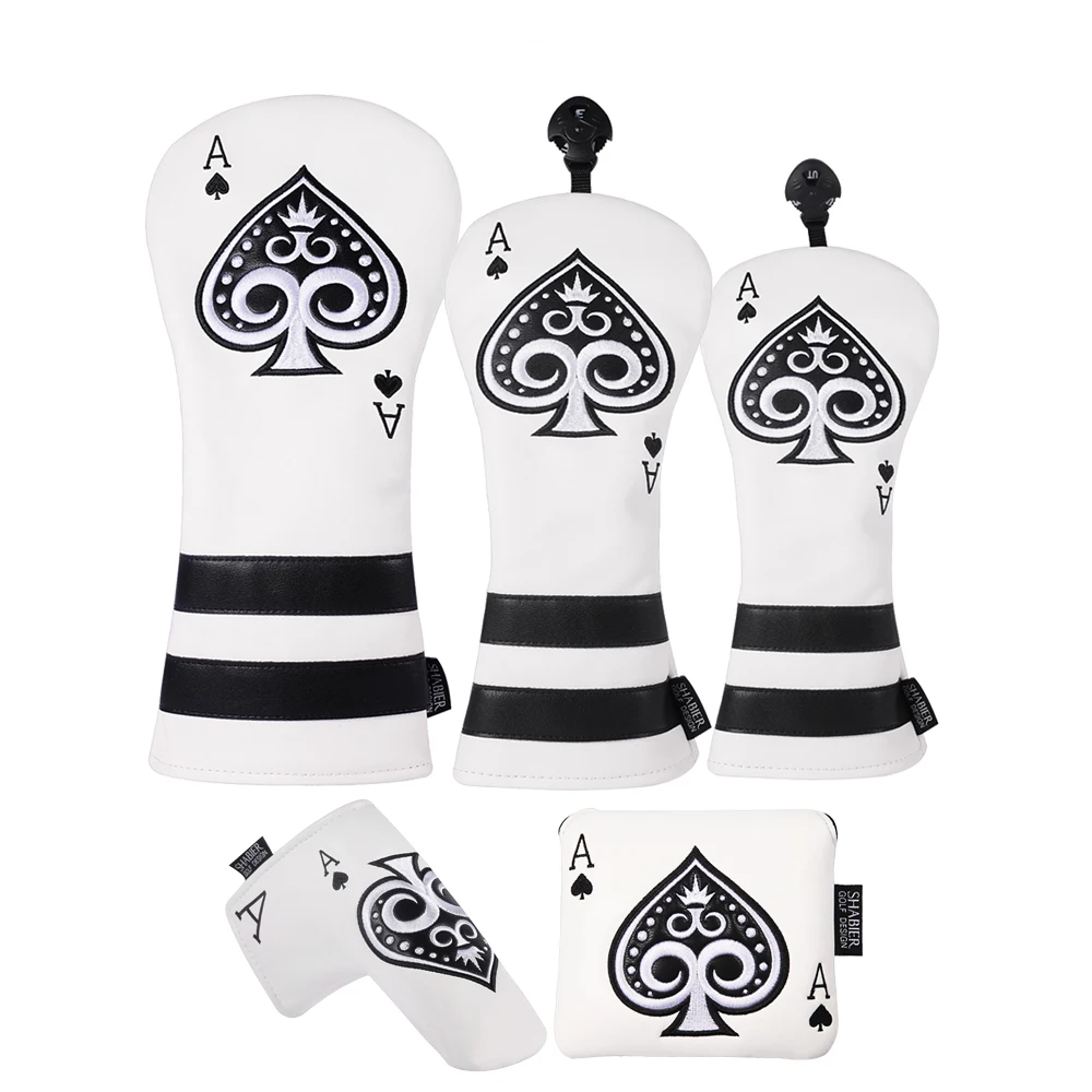 Poker Ace of Spades Design PU Leather Golf Club Headcover Driver Fairway Wood Hybrid Mallet Blade Putter Covers