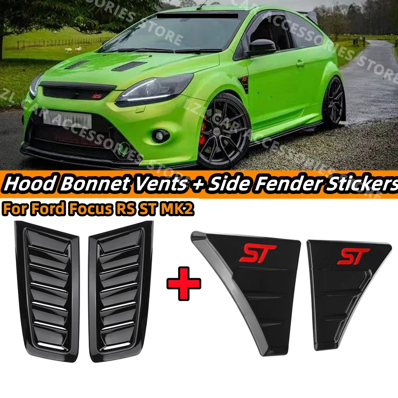 

For Ford Focus RS ST MK2 Car Front Engine Hood Bonnet Vents Air Inlet + Side Fender Vent Air Outlet Decoration Stickers Cover