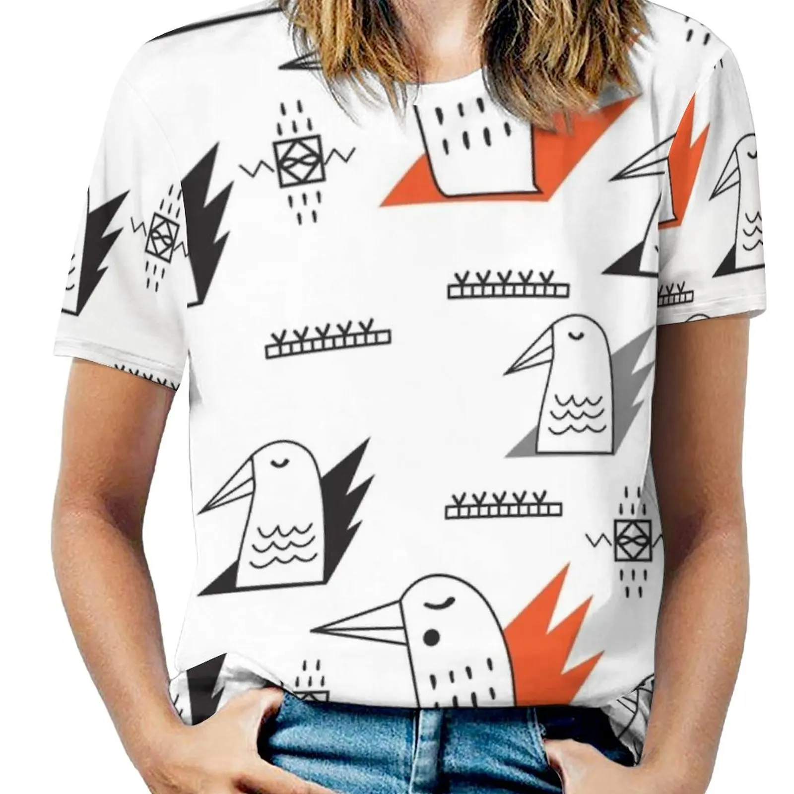 Camiseta con estampado de pájaros en llamas para mujer, blusa con manga corta y hombros descubiertos, camiseta informal de verano, blusa holgada con estampado de pájaros y llamas negras y blancas