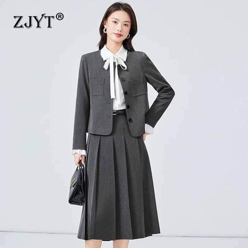 ZJYT Autumn Fashion Women\'s Two Piece Set Long Sleeve Jacket with Skirt Korean Style Blazer Suits Office Work Outfit Dress Sets