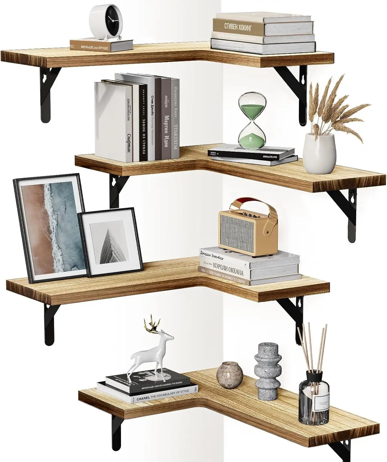 

Corner Floating Shelves, Set 4 Corner Shelf Wall Mt, Shelves for Wall Decor, Corner Wood Shelf for Home Decor, Off, Bed...