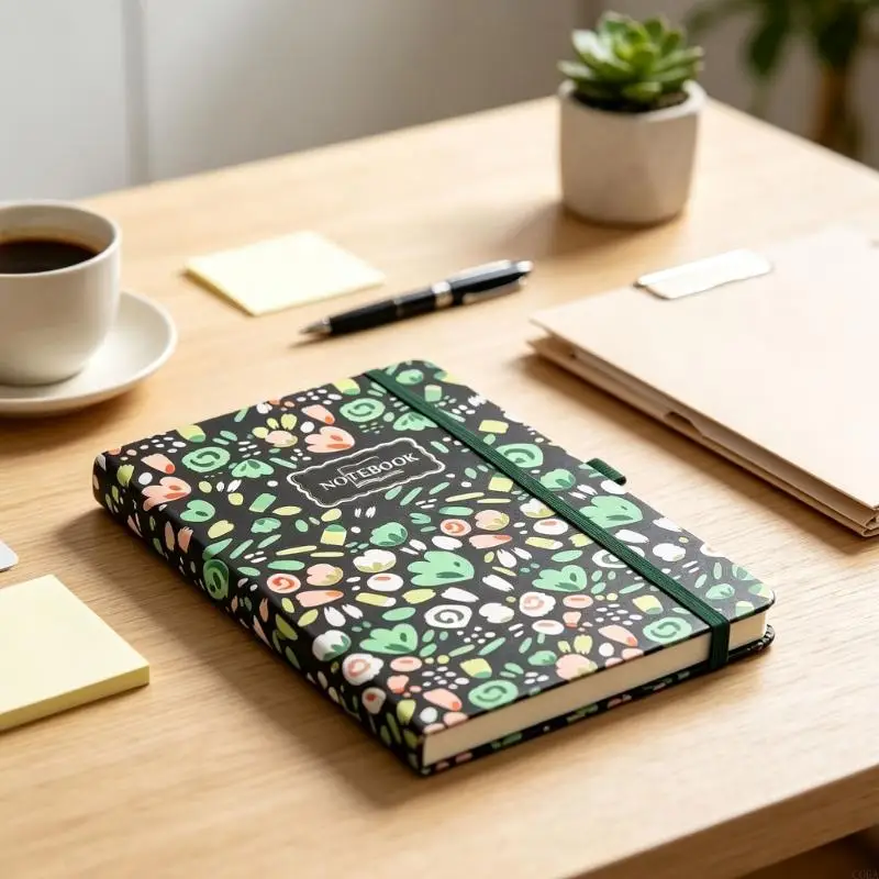 CORA Flower-Patterned Writing Notebook with 200 Pages Paper and Elastic Closure