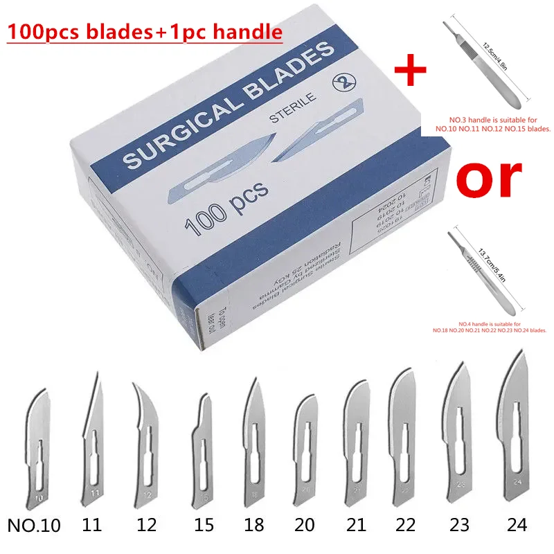 

100pcs Denatl Carbon Steel Sterile Surgical Blades with FREE Scalpel Knife Handle Medical Dental Tools