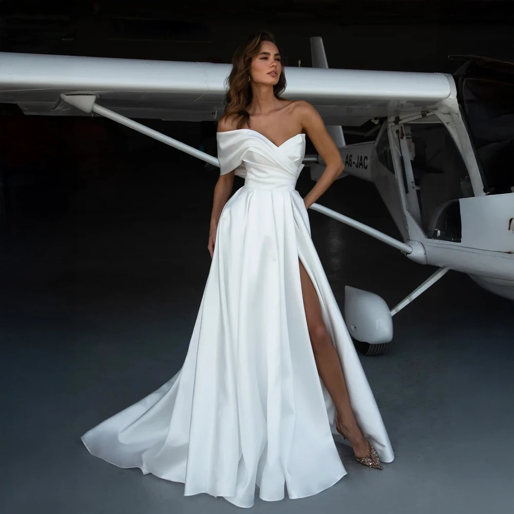 

Customized Luxurious A-Line Wedding Dress with Asymmetrical Neckline and Side Split Chic Bridal Dress for Special Occasions
