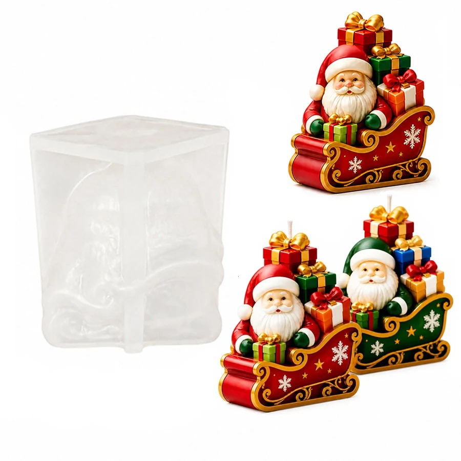 Sled Santa Claus and Gift Box Silicone Candle Mould, DIY Handmade Aromatherapy Candle Gypsum Crafts Cement Mold, Christmas Gifts