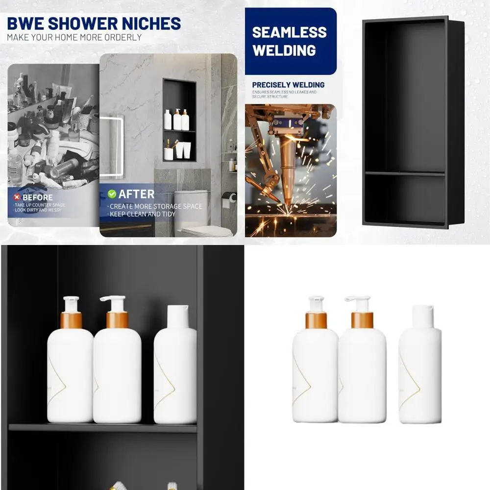 

13x19 Inch Stainless Steel Shower Wall Niche with Double Shelves for Bathroom, Matte Black