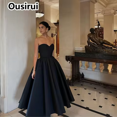 OUSIRUI Black Off the Shoulder Satin Women Evening Dress A-line Backless Tea-Length Backless Evening Gown vestidos de festa