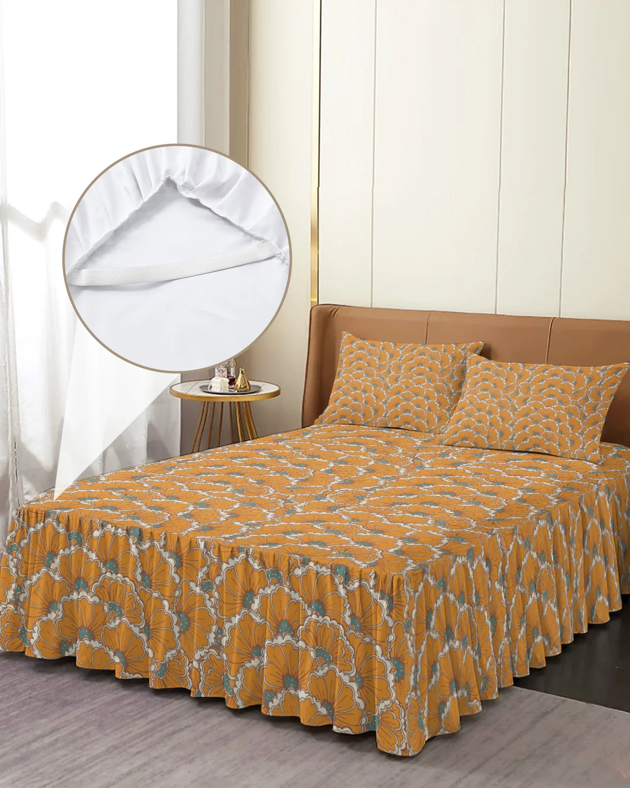 Orange Texture Flower Plant Bed Skirt Elastic Fitted Bedspread With Pillowcases Mattress Cover Bedding Set Bed Sheet