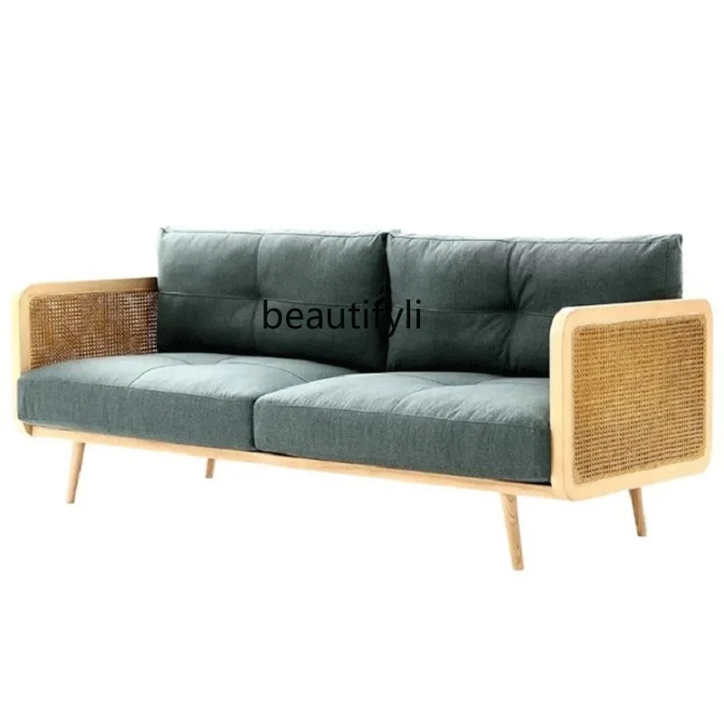 Solid Wood Sofa Combination Indonesia Natural Rattan Woven Nordic Home Three-Seat Bed & Breakfast Balcony Rattan Furniture