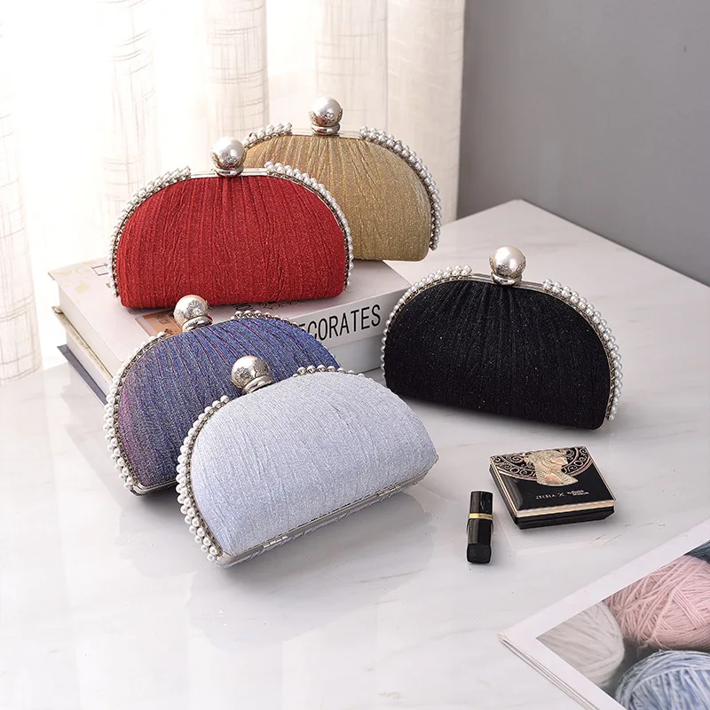 

Pearl Evening Handbag Black Fashion Pleated Clutch Purse Half Moon Luxury Party Clutch Crossbody Shoulder Phone Bag for Women