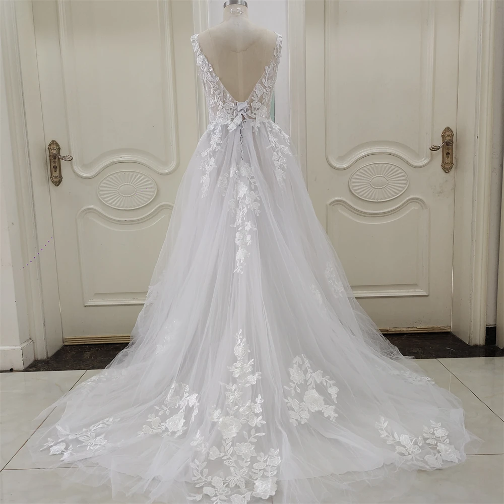 ZJ6002 Customized Boho V-neck Wedding Dresses Spaghetti Straps Appliques Corset Beach Tulle Bridal Gown Lace Floor Length