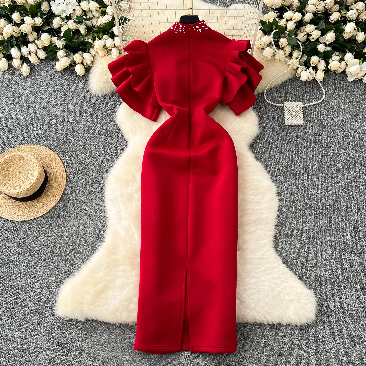 Chic Elegant Hollow Out  Beading Butterfly Sleeve Slim Pencil Dress Vintage Korean Sexy Women Sexy Evening Party Summer Clothing