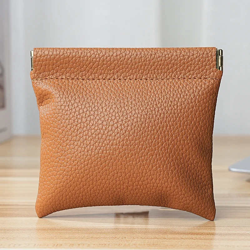 Premium Black Lychee Pattern Leather Automatic Closure Shrapnel Bag Jewelly Buggy Bag Lipstick Cosmetic Pouch