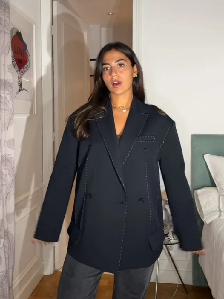 Elegantní prošívané sako, kalhotové kostýmy pro ženy, elegantní volné klopy, dvouřadé sako, široké nohavice, kalhoty, jarní patchworkový set 2026 - náhled 3