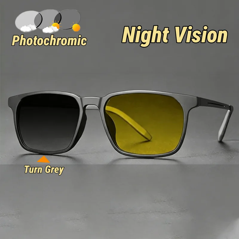 Photochromic Night Vision Glasses Driving-Specific Anti-Glare Eyewear Day and Night Dual-Use Square Frames Turn Grey Goggles