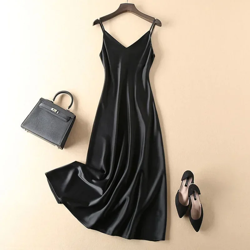 QNPQYX seksowny pasek Spaghetti sukienka z odkrytymi plecami kobiety elegancka satynowa jedwabna długa sukienka z dekoltem w serek kobieta koreańska Bodycon nocne sukienki imprezowe