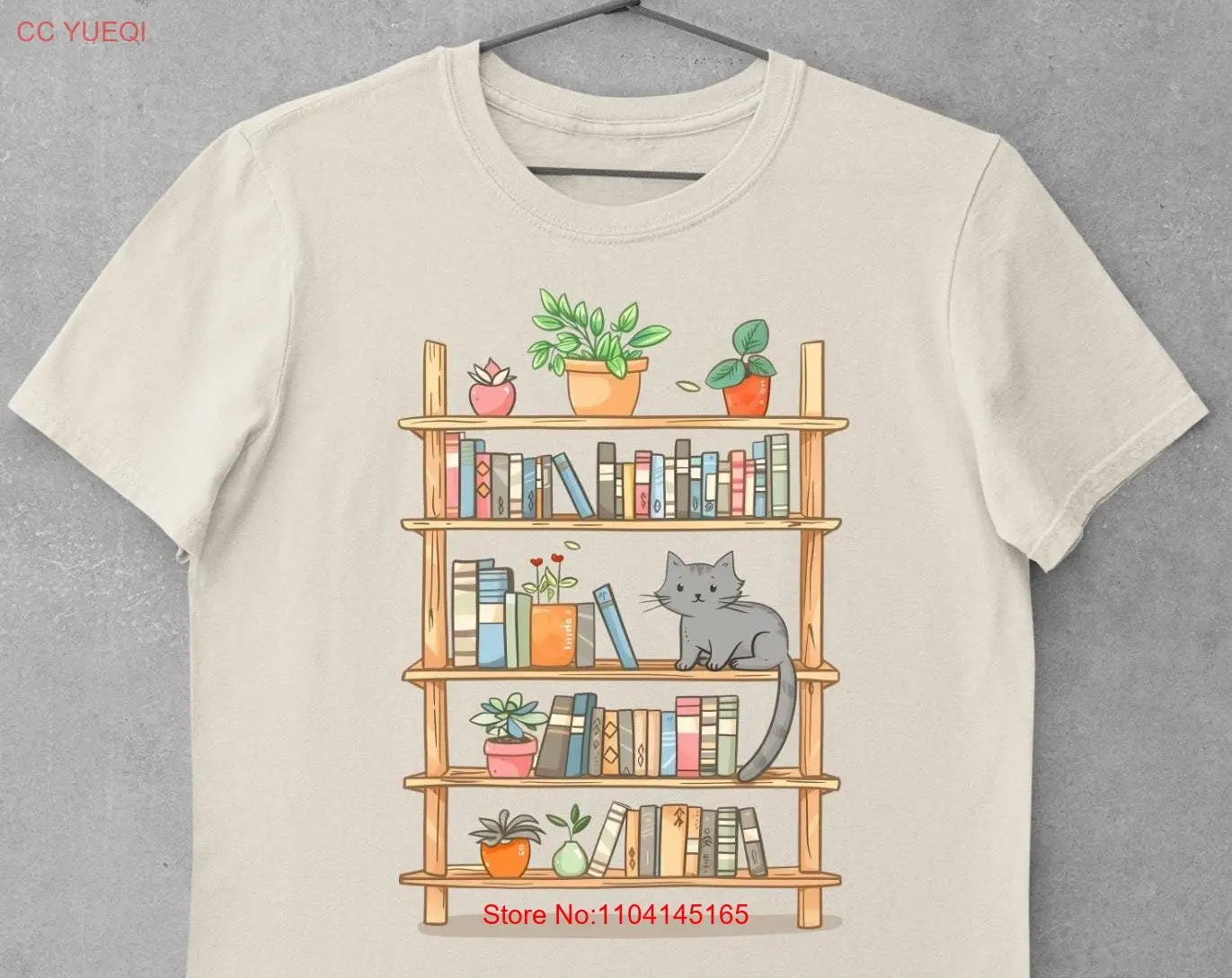 Bookshelf T Shirt Grey Cat Cozy Bookish Colorful Books Plants Lover Book Mom Cute long or short sleeves