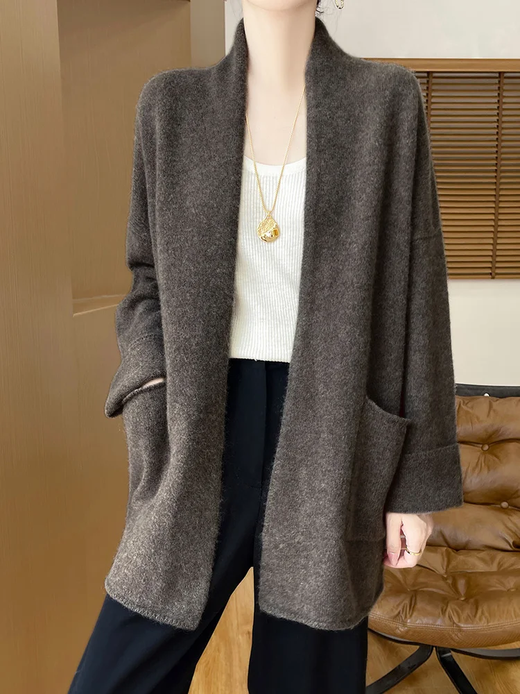 Loose Wool Cardigan Women Sweater Autumn Winter 100% Pure Wool Knitwear Versatile Long Outerwear Cashmere Korean Popular Clothes