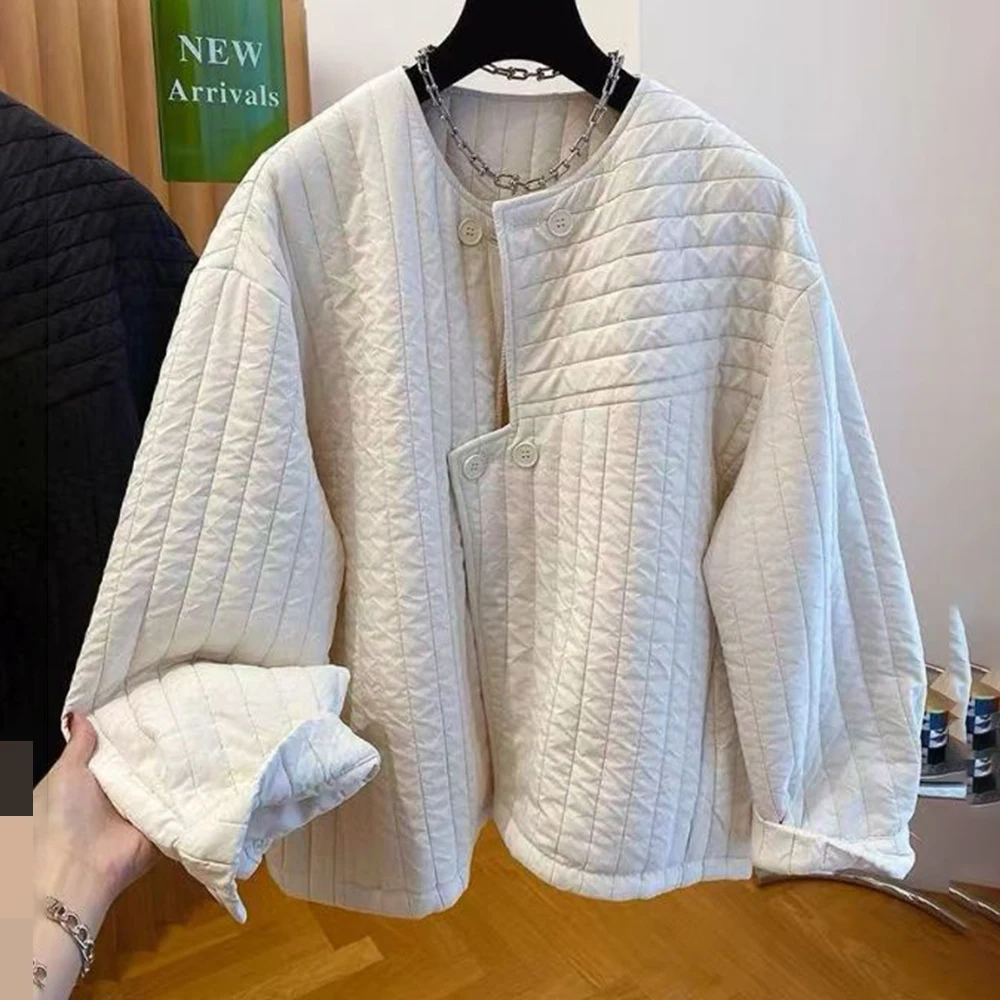 

Crew neck light cotton clothes women's autumn and winter 2025 new casual irregular placket padded jacket top
