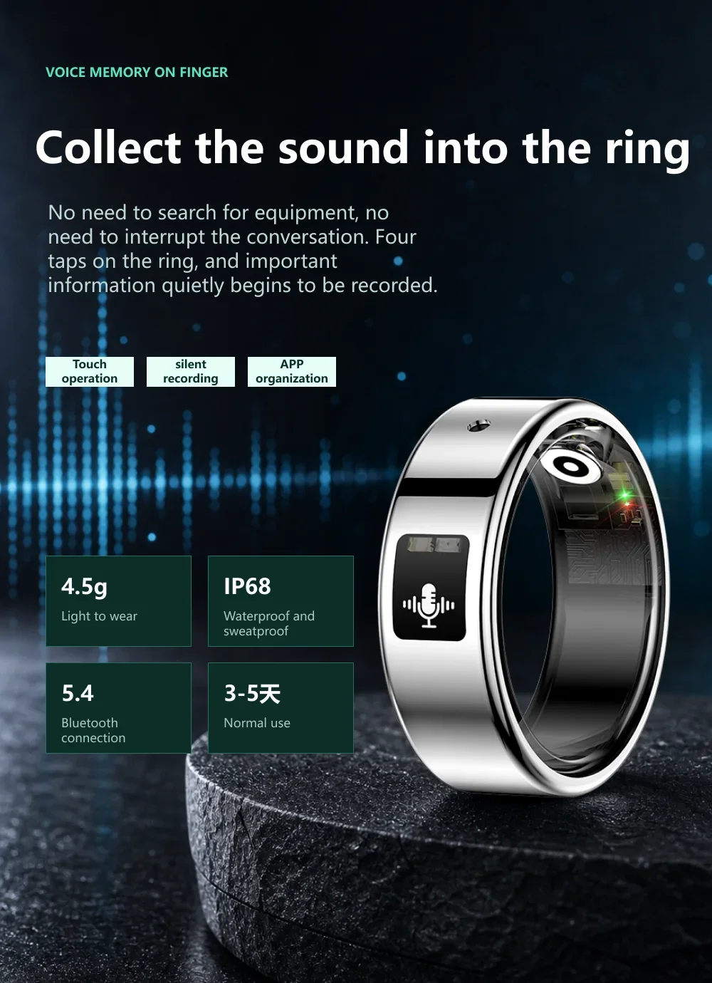 AI Voice Recorder Smart Ring Bluetooth Health Tracker with Translation, Heart Rate, Sleep Monitor, Camera Control, IP68 Sports