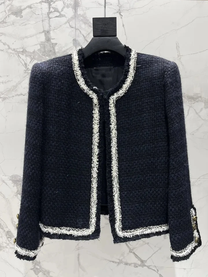 2024 Spring Autumn Luxury Fashion Women Vintage 71% Wool Chic Jacket Coat for Female Outerwear 2 Color