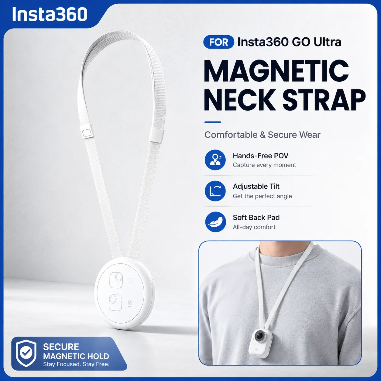 Soft Back Pad Neck Strap Chest Mount Featuring Magnetic Connection for Insta360 GO Ultra Adjustable Hands Free POV Capture