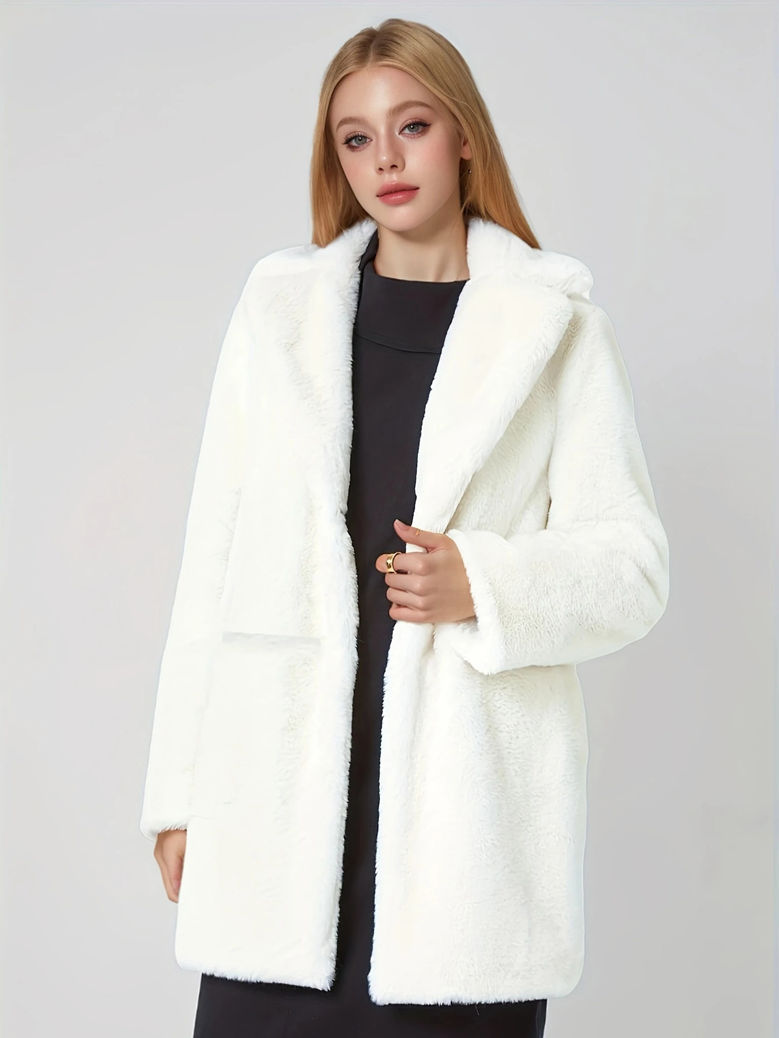 Elegant Directional Faux Rex Rabbit Fur Coat for Women - Mid-Length Solid Color Coat ,Fall Winter Casual Commuter Outerwear