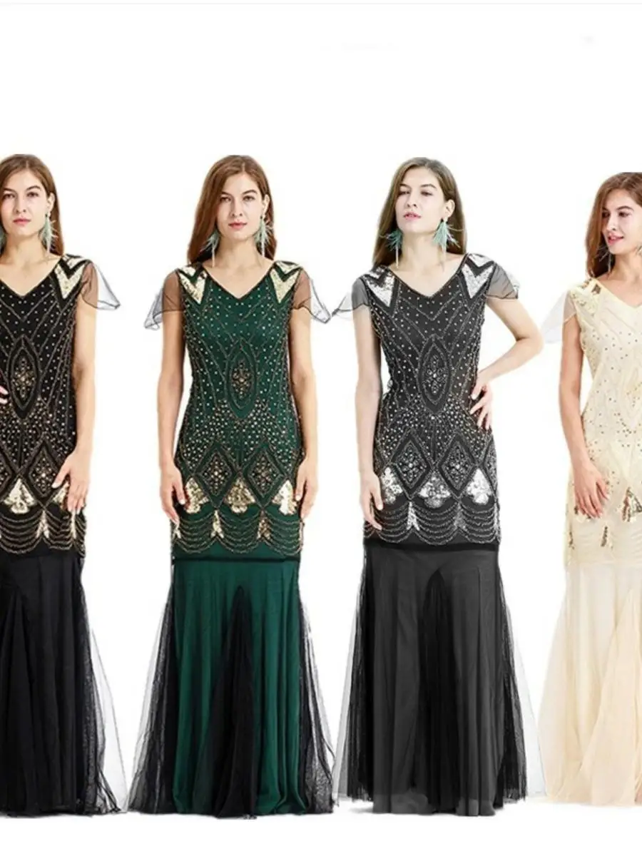 

Сценическое платье ручной работы с вышивкой бисером Dr S4XL, новинка 920-х годов, вечернее бальное платье с высокой талией и хвостом, драпированная женская одежда