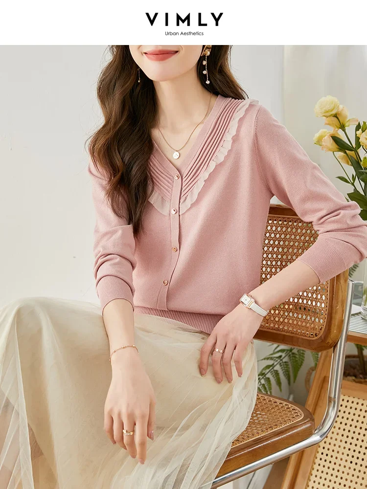 Vimly Pink Knit Sweater for Women 2024 Spring Organza Ruffles V-neck Knitwear Elegant Long Sleeve Knitted Tops Pullover Jumpers