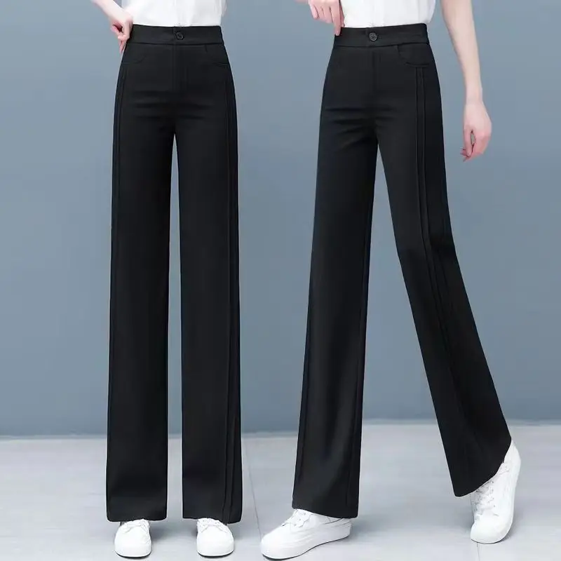 Pantalon taille haute monochrome pour femme, poches simples, épissé, tout match, droit, vêtements pour femmes, mode de bureau, printemps, été