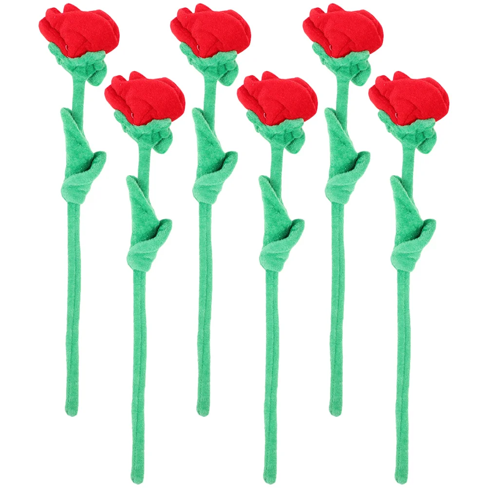 

6 Pcs Red Plush Roses Soft Artificial Flower Bouquet Decorative Bending Stem Party Bedroom Festive