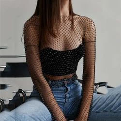 Women Sexy Mesh See Through T Shirt Shiny Rhinestone Fishnet Hollow Out Crop Top Long Sleeve Beach Cover Up Party Club Tops